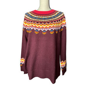 NEW Talbots Women's Fair Isle Sweater in Burgundy with Multi-colors Size XL